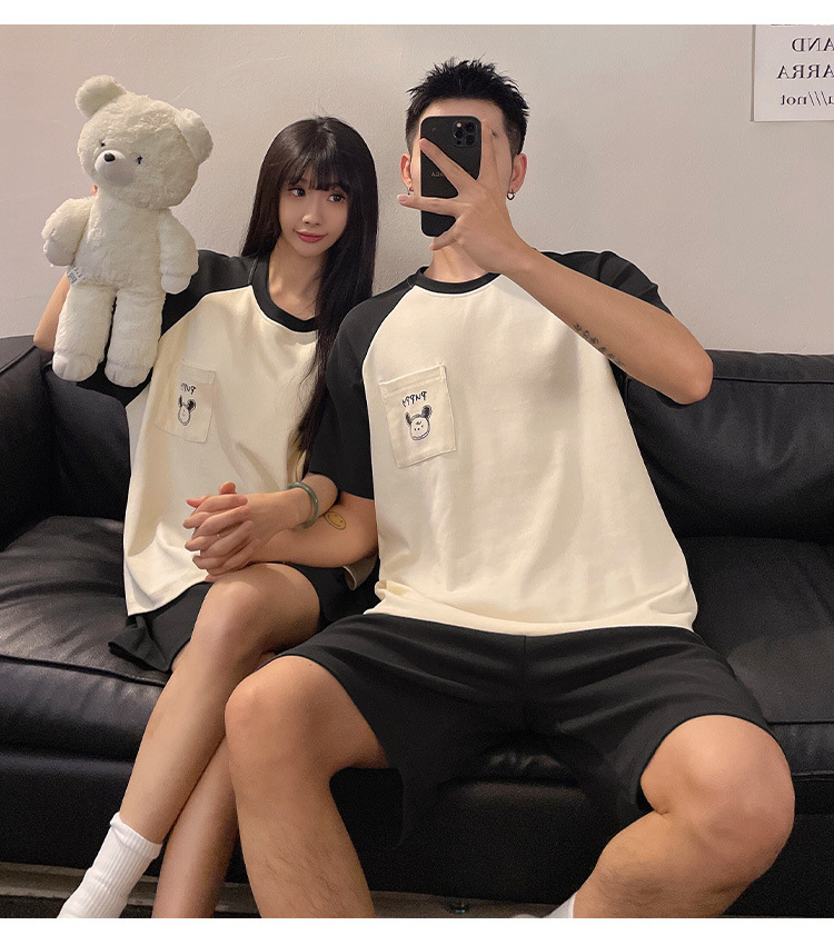 Spring and summer couple short-sleeved pajamas, women with chest pads, cartoon student home wear sets, shorts, stripes, 2025 pic 11