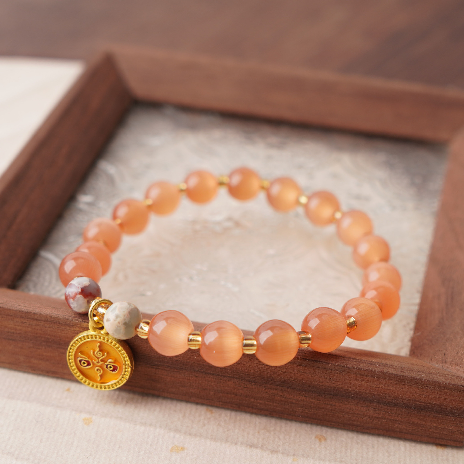 新中式橘猫眼手链女小众简约精致粉珠手串显白琉璃手链送闺蜜饰品详情29