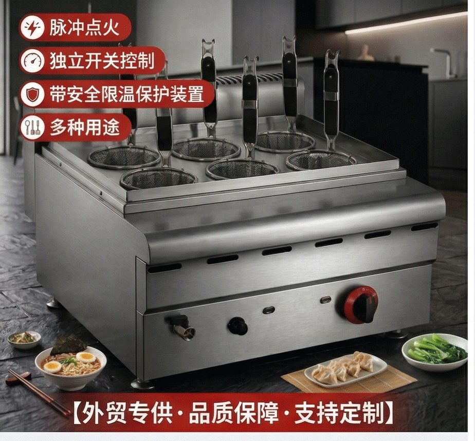 Desktop gas six-head noodle cooking stove, noodle cooking machine, cooking stove wholesaler, commercial stall catering equipment, breakfast shop pic 2