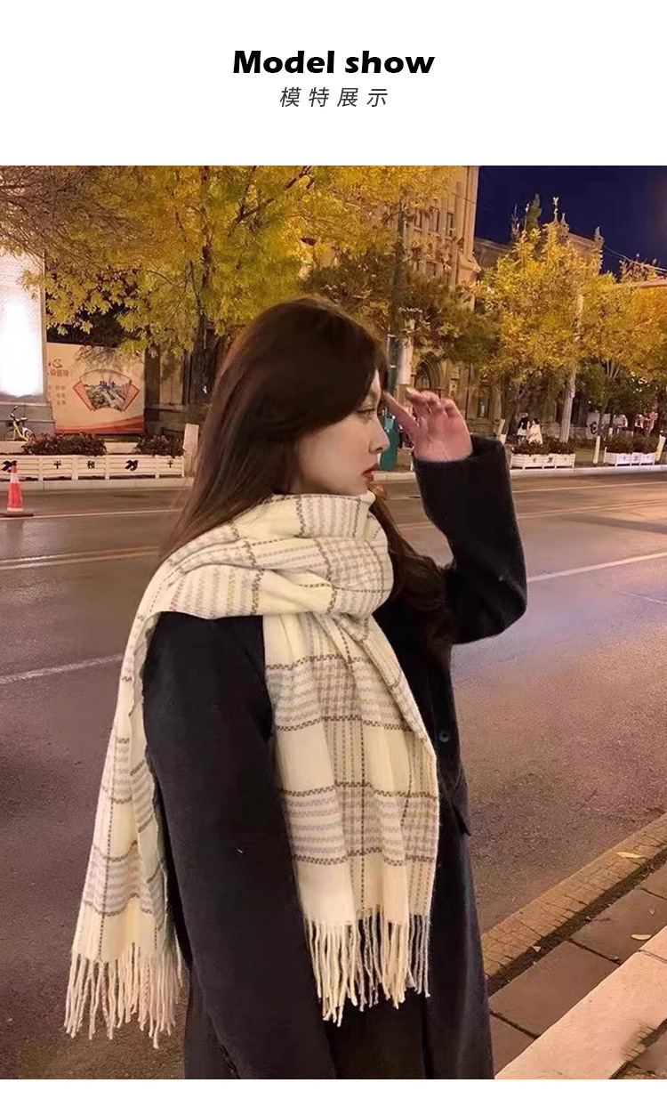 秋冬新款韩系氛围感白色围巾仿羊绒格子针织保暖披肩高版女士批发详情5
