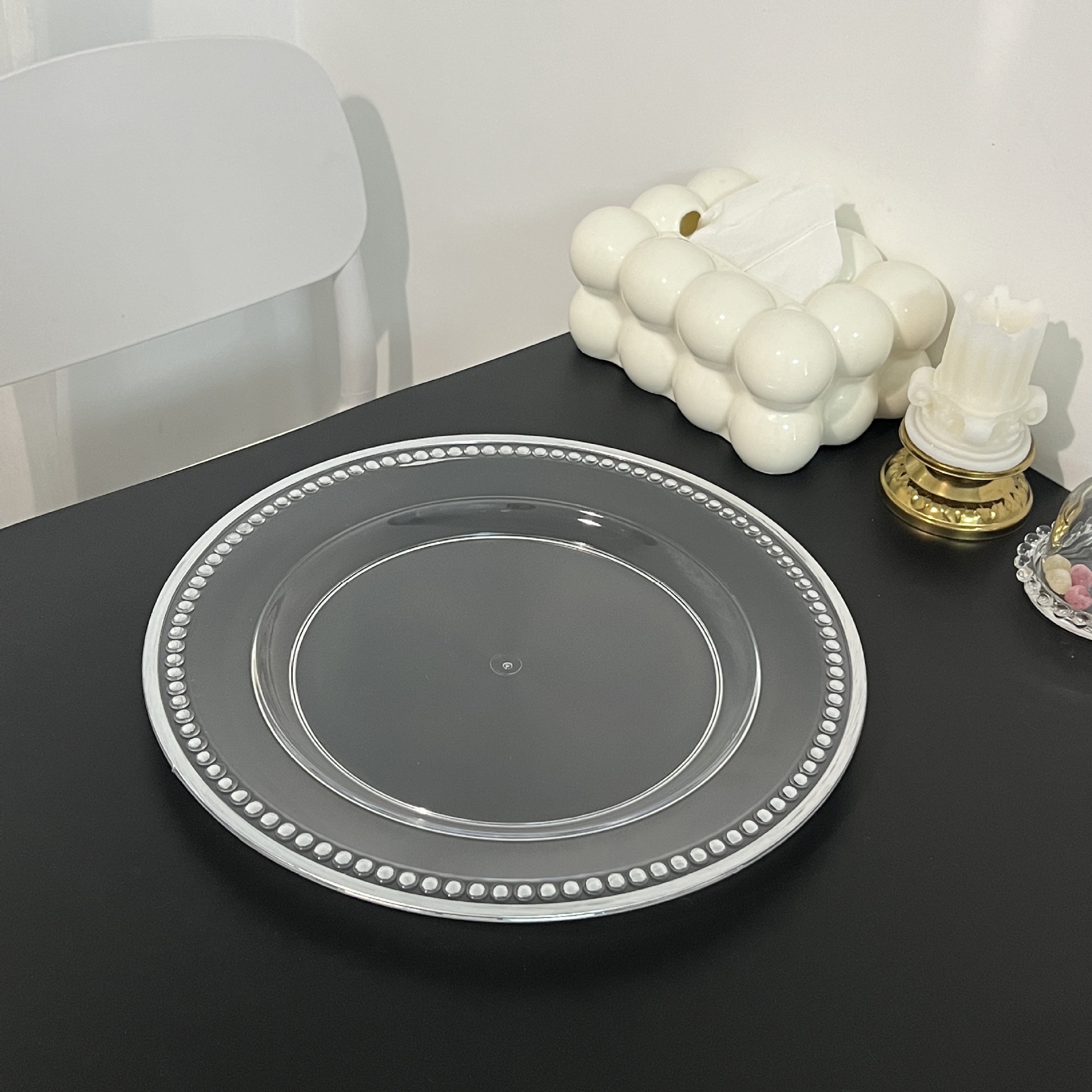 外贸透明婚礼酒店派对烫金工艺装饰塑料玻璃主盘chagerplate详情9