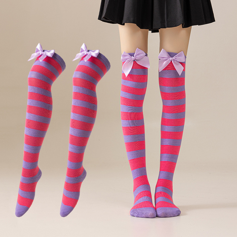 New European and American Halloween and Christmas knee-high socks, single-color striped thigh-high socks with bows, available in multiple colors pic 11
