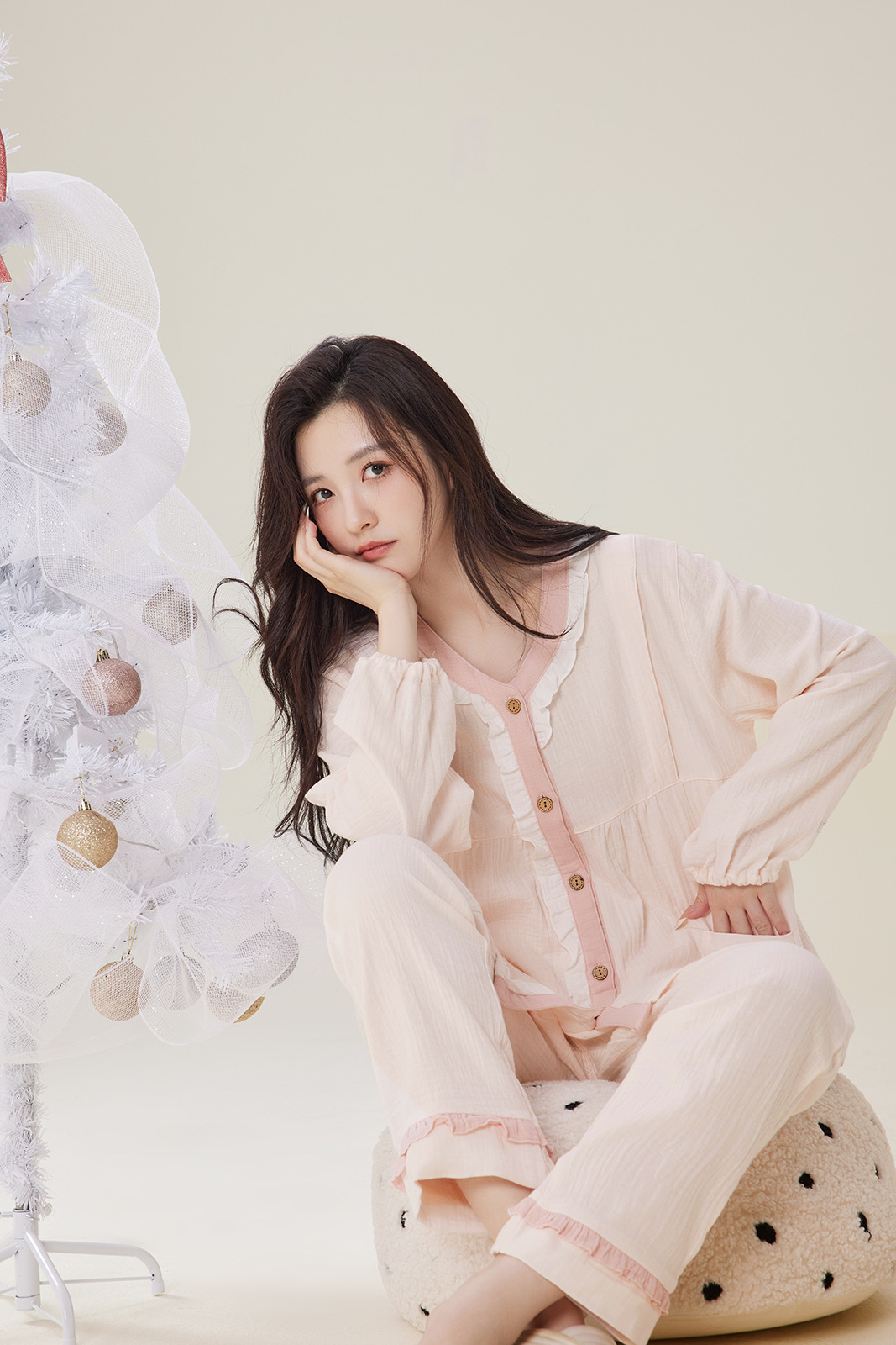 纯棉双层绉布月子服产后春夏吸汗透气甜美纯色纱布孕妇哺乳家居服详情1