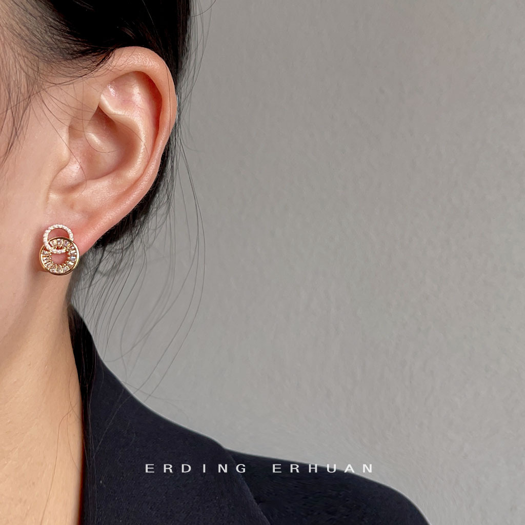 Micro-inlaid zircon 925 silver needle 14K geometric round stud earrings, simple and elegant with a high-end feel, factory earrings pic 2