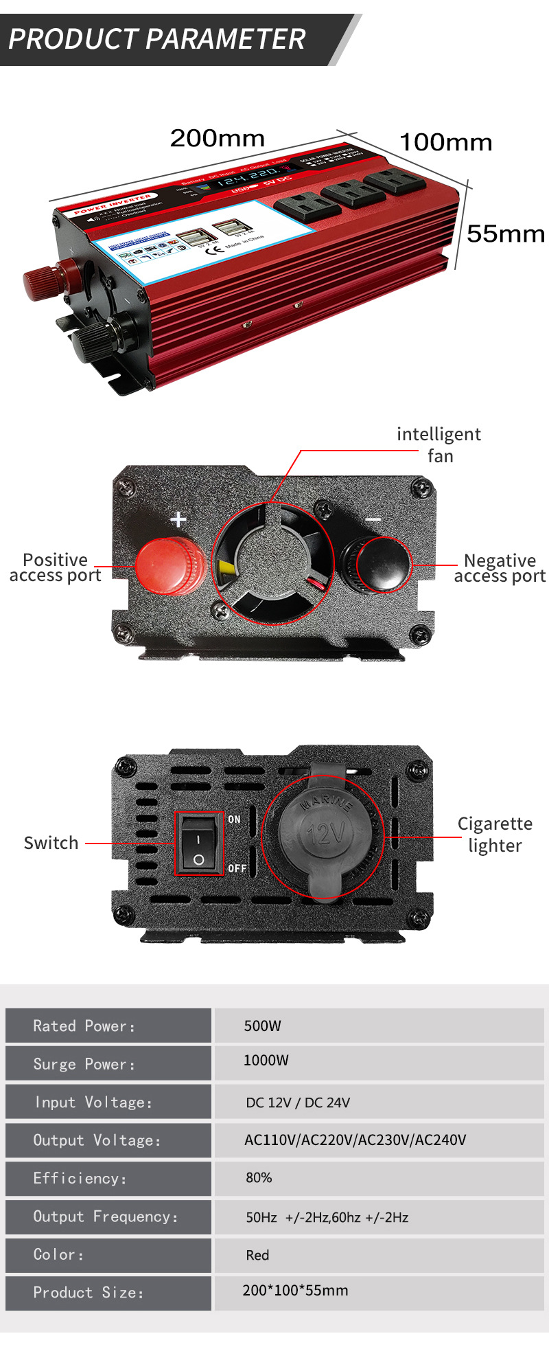 跨境爆款500W/1000W/2000W修正波车载逆变器 4USB电源转换器美规详情2