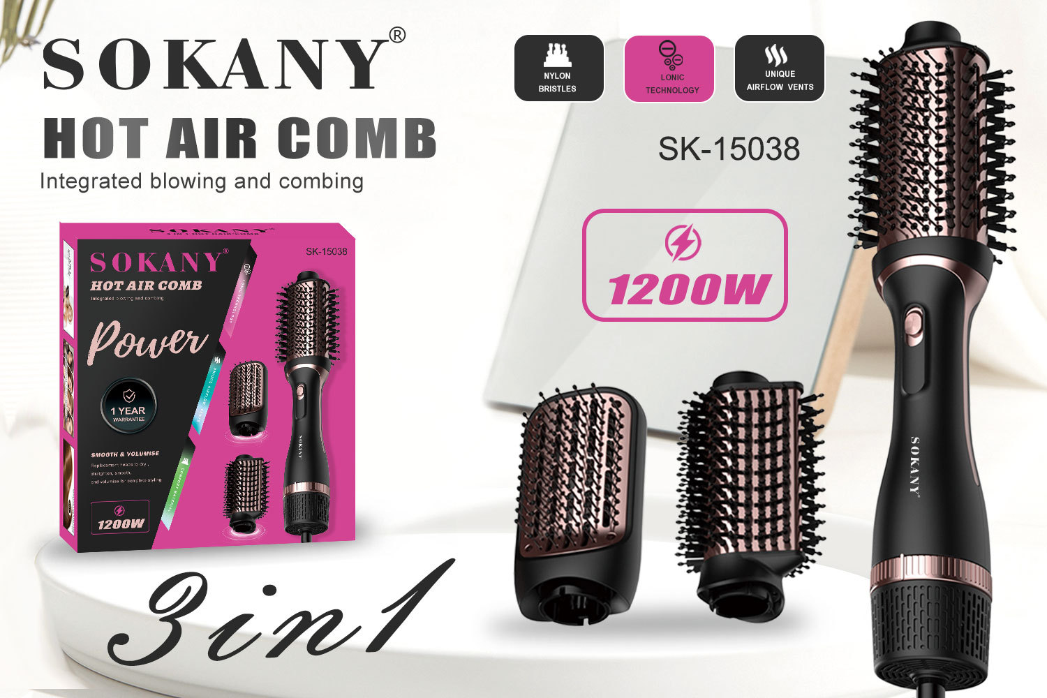 Export SOKANY15038 Hot air comb for home women, electric hot air comb, 3-in-1 air comb pic 1