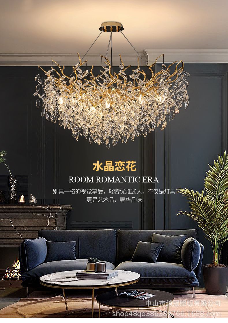 French luxurious and light luxury crystal chandelier, simple living room, grand chandelier, duplex, American branch, luxurious crystal round pic 1