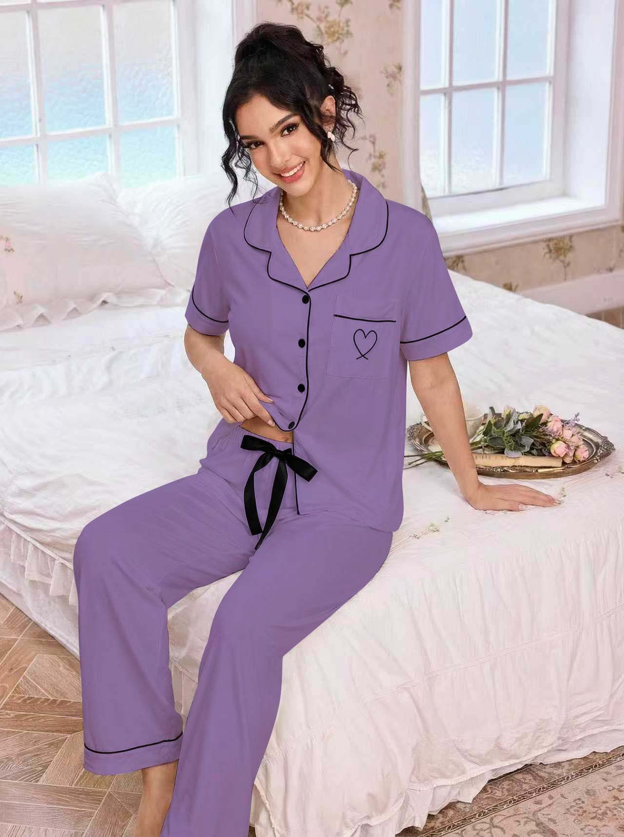 亚马逊欧美家居服套装翻领开衫短袖长裤爱心绣花睡衣女外贸独立站详情41