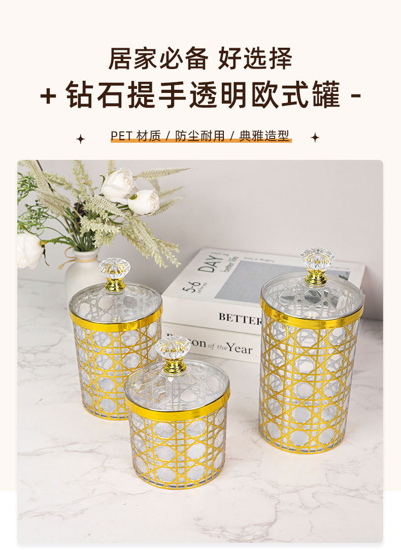欧式格纹塑料透明镀金罐三件套收纳罐轻奢糖果罐餐桌客厅收纳装饰详情1