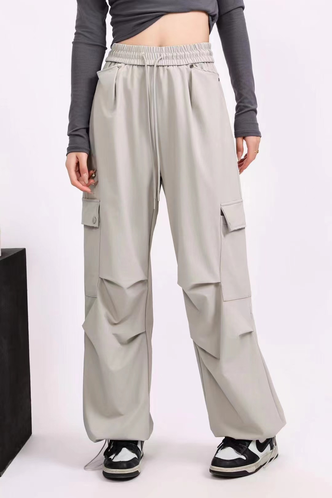 Workwear sweatpants for women, multi-pocket straight bucket tapered long pants for women, casual pants, simple elastic high-waisted tapered pants pic 2
