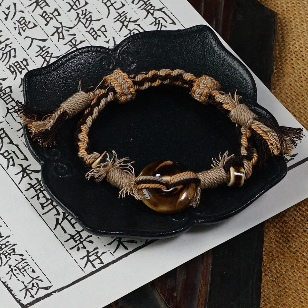 Jingdezhen Ceramic Heavy Industry Rope Weaving Tibetan-style design hand-woven rope safety pendant accessory, the same style as Xiaohongshu bracelet for women pic 1