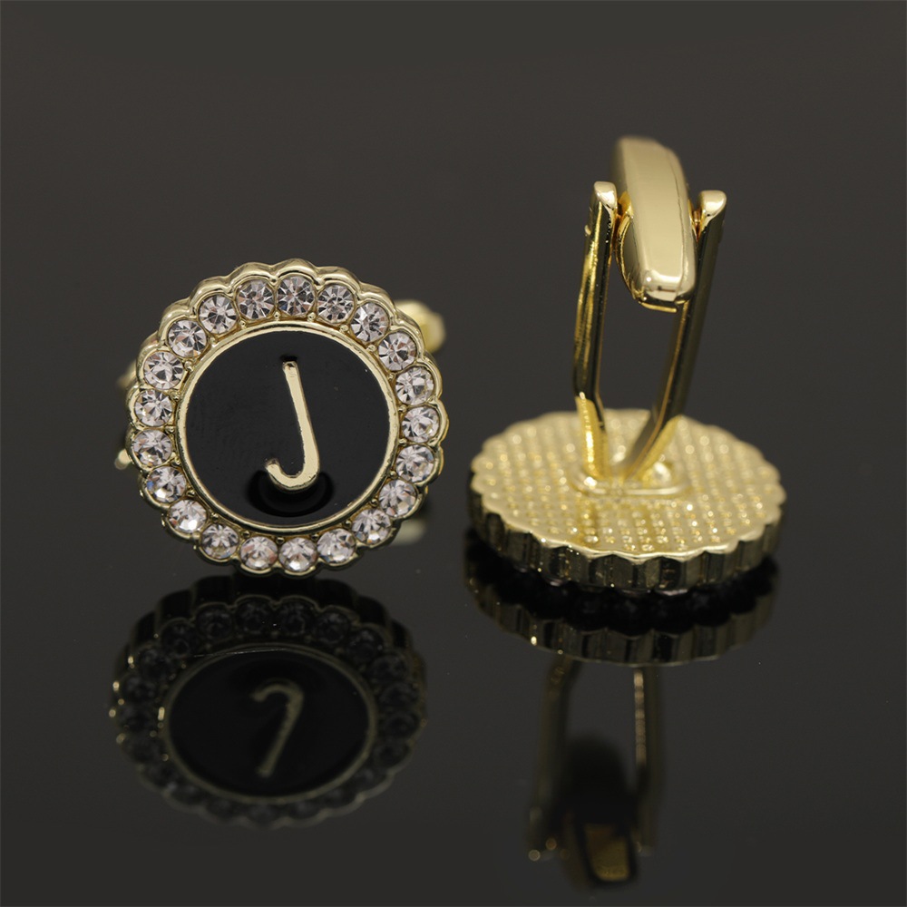 大写字母袖扣圆形镶钻袖钉合金滴油男士衬衫扣26英文字母A-Z配饰详情20