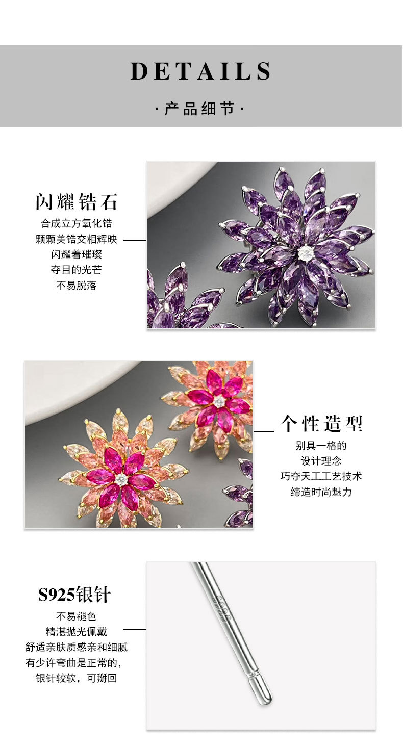 Light luxury and high-end, rotatable three-layer gradient flower stud earrings, copper alloy inlaid with zircon s925 silver needle exquisite earrings pic 11