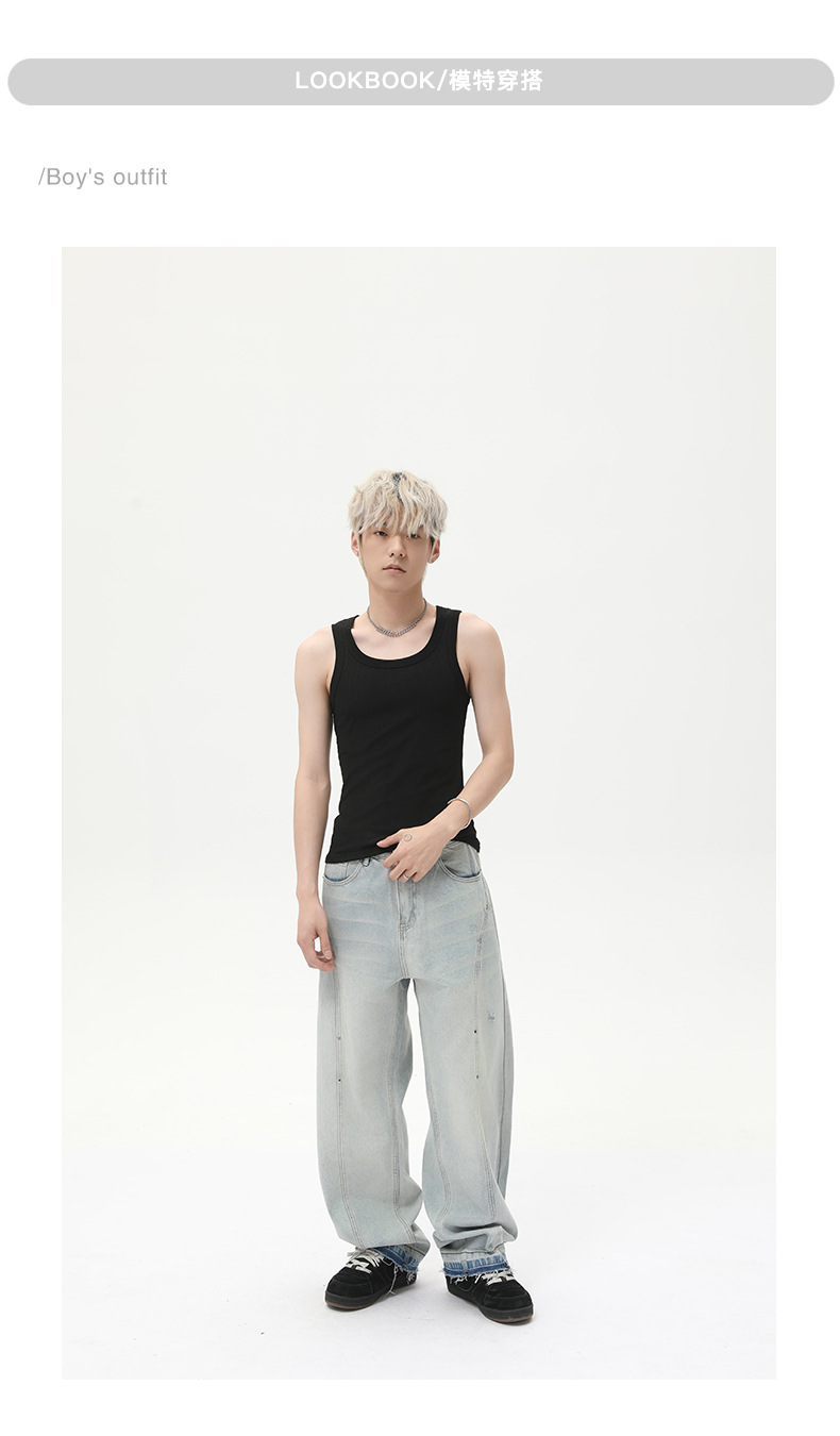 MTLCLOTHES男装| 小众设计感浅色阔腿牛仔裤宽松显瘦直筒弯刀裤潮详情7