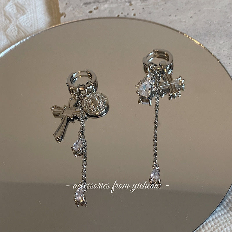 十字架吊坠耳环女不对称设计锆石流苏金属银针圆环耳扣个性耳饰详情8