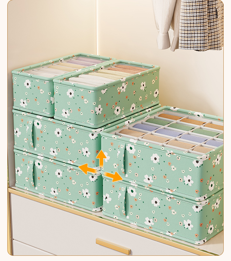 Green Little Flower Underwear Storage Box, underwear storage drawer, compartments box, Multi-functional socks classification box, wardrobe pic 13