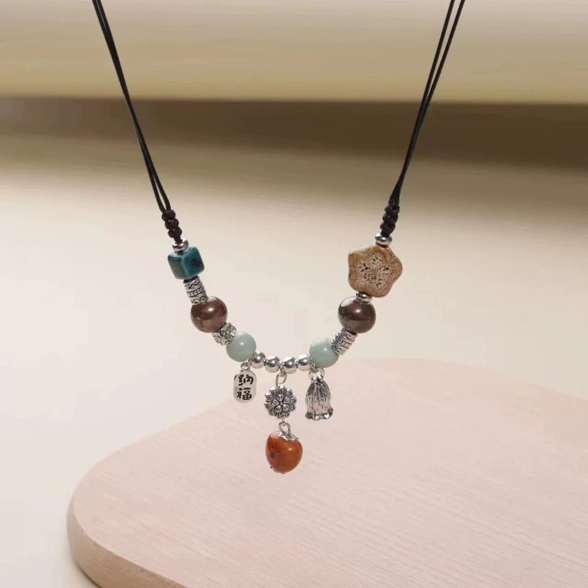 平安是福国潮复古景德镇陶瓷项链女长命锁锁骨链文艺吊坠锁骨链详情9