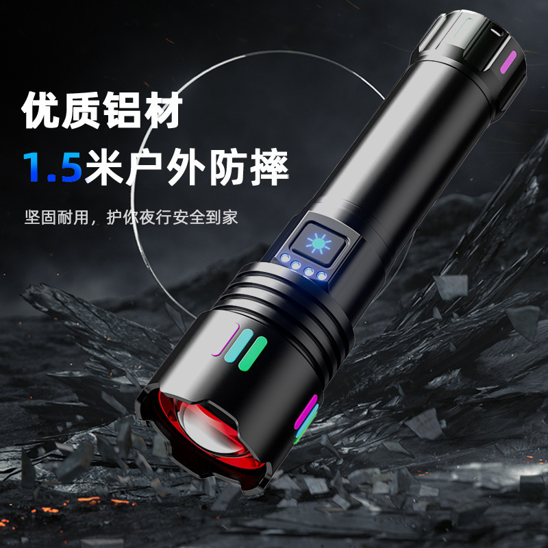 手电筒白激光超亮炫彩荧光新款伸缩变焦充电大功率电显强光远射详情8