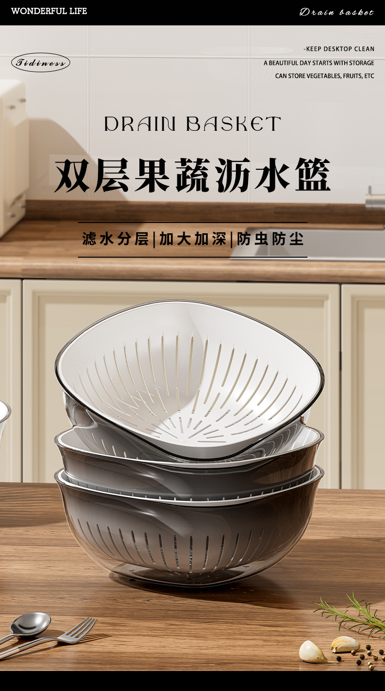 大小号双层沥水篮厨房蔬菜置物篮收纳洗菜用家用缕空水果篮详情1