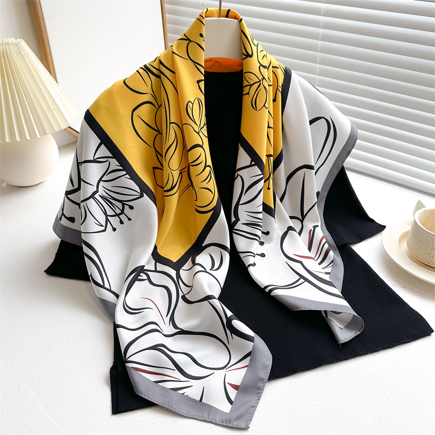 National trend retro printed artistic silk scarf, 90cm twill silk scarf, lotus flower fashionable large square scarf, sun protection shawl headscarf pic 13