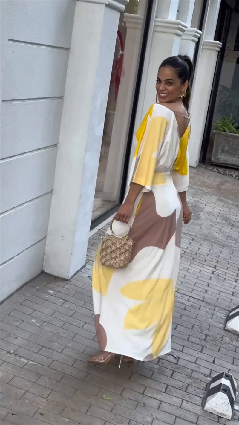 欧美跨境现货女装2024春夏新款时尚气质V领高腰连衣裙印花女长裙详情9