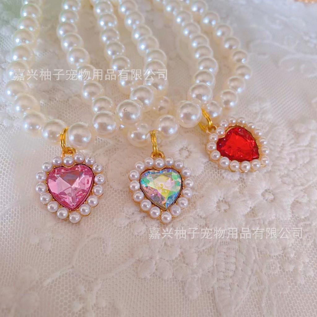 Wholesale of pet pearl necklaces, cat collars, puppy heart crystal pendants, teddy neck cute decorations pic 4