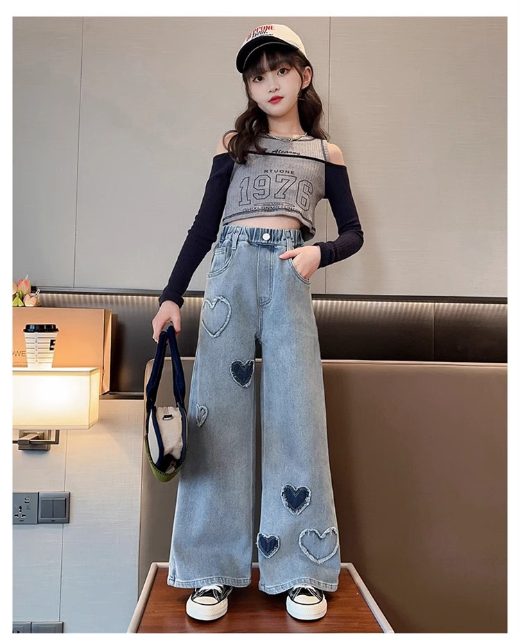 女童爱心贴布阔腿裤牛仔裤2025春秋款女大童直筒裤炸街潮韩版潮流详情19
