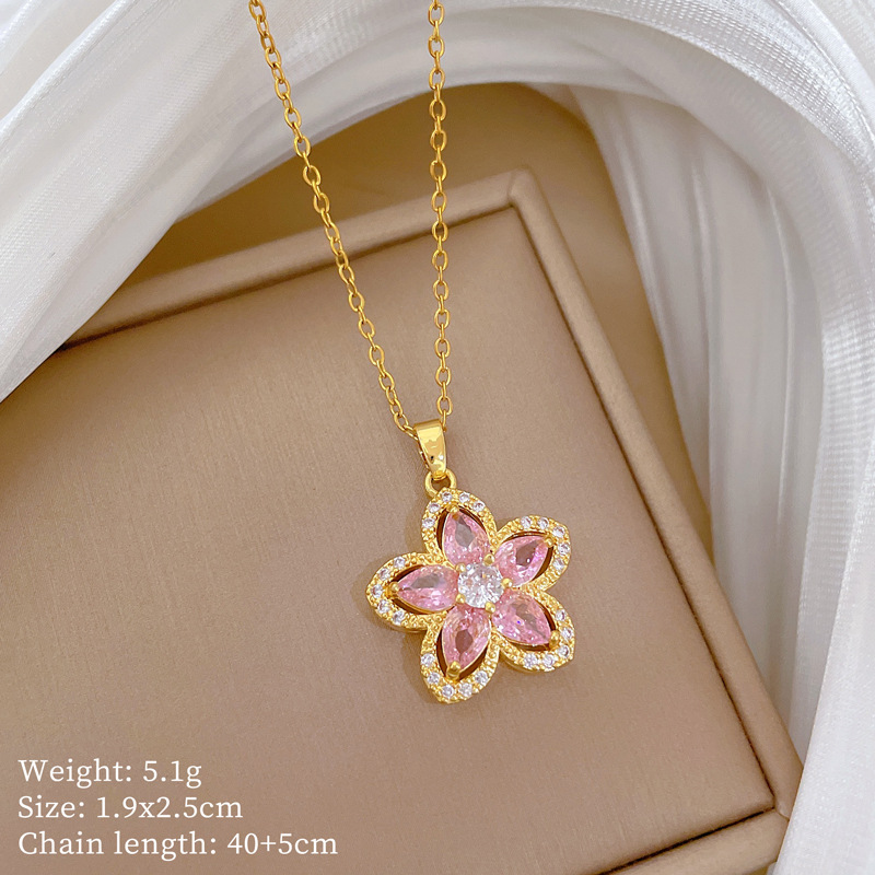 【钛钢】粉色五瓣花满钻轻奢气质华丽满钻项链女百搭锁骨链钛钢详情4