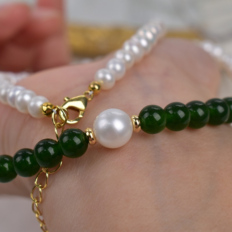 Natural freshwater pearl necklace, green agate round beads, elegant and high-end neckchain, autumn and winter outfit, pearl sweater chain pic 10