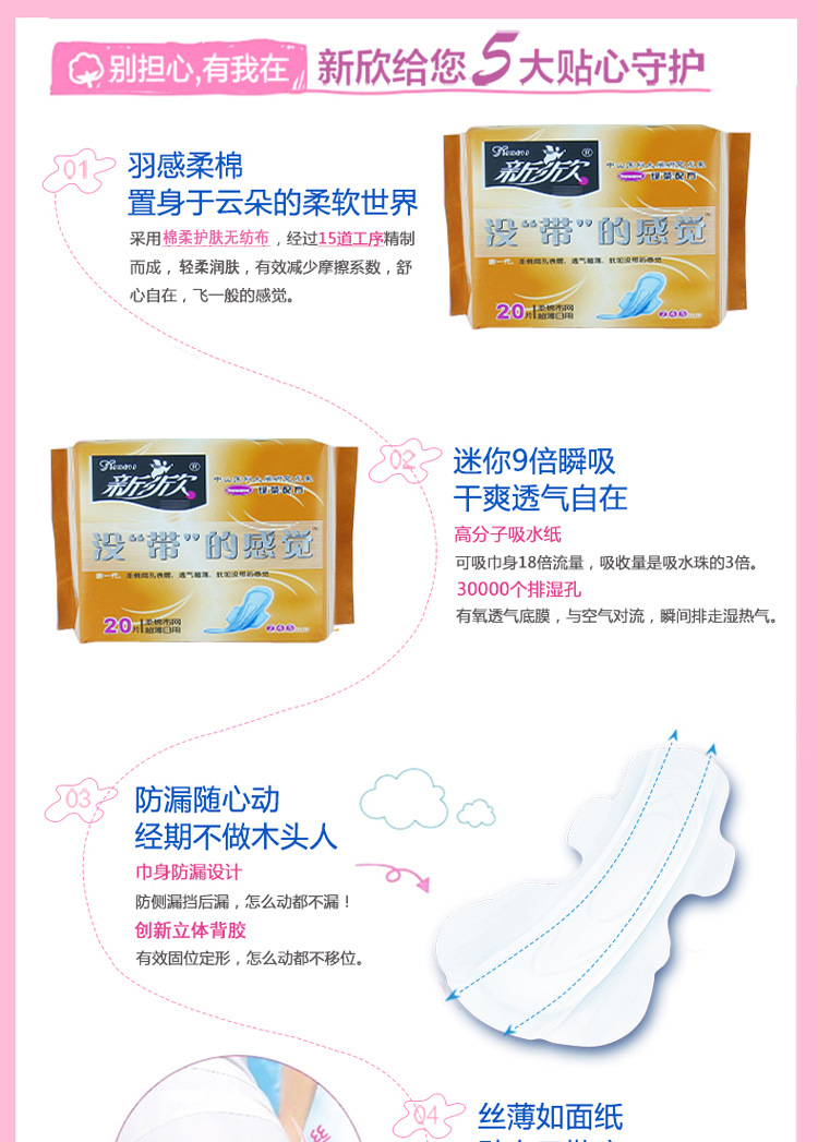 新欣绿茶柔薄卫生巾清香棉柔日用丝薄240mm姨妈巾不侧漏详情7