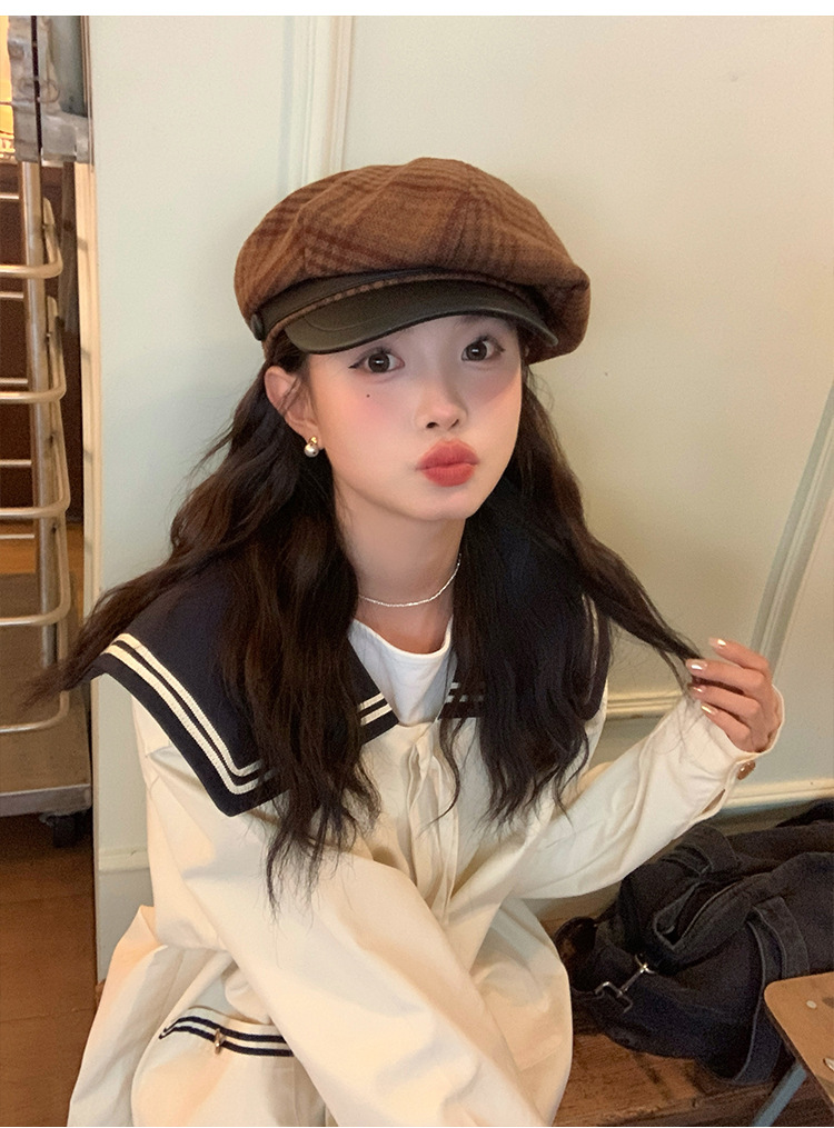 Cool and elegant checkered retro British octagonal newsboy hat for women 2024 new style face-enhancing small beret pic 4