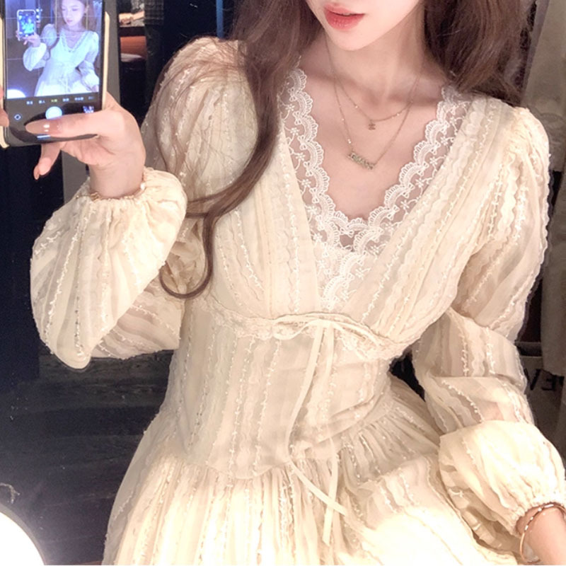 长款v领收腰长袖雪纺连衣裙女秋季法式复古气质显瘦a字裙子2025新详情2