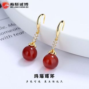 925纯银圆形玛瑙螺纹耳钉女简约ins彩色玛瑙耳骨钉个性气质耳饰品详情5