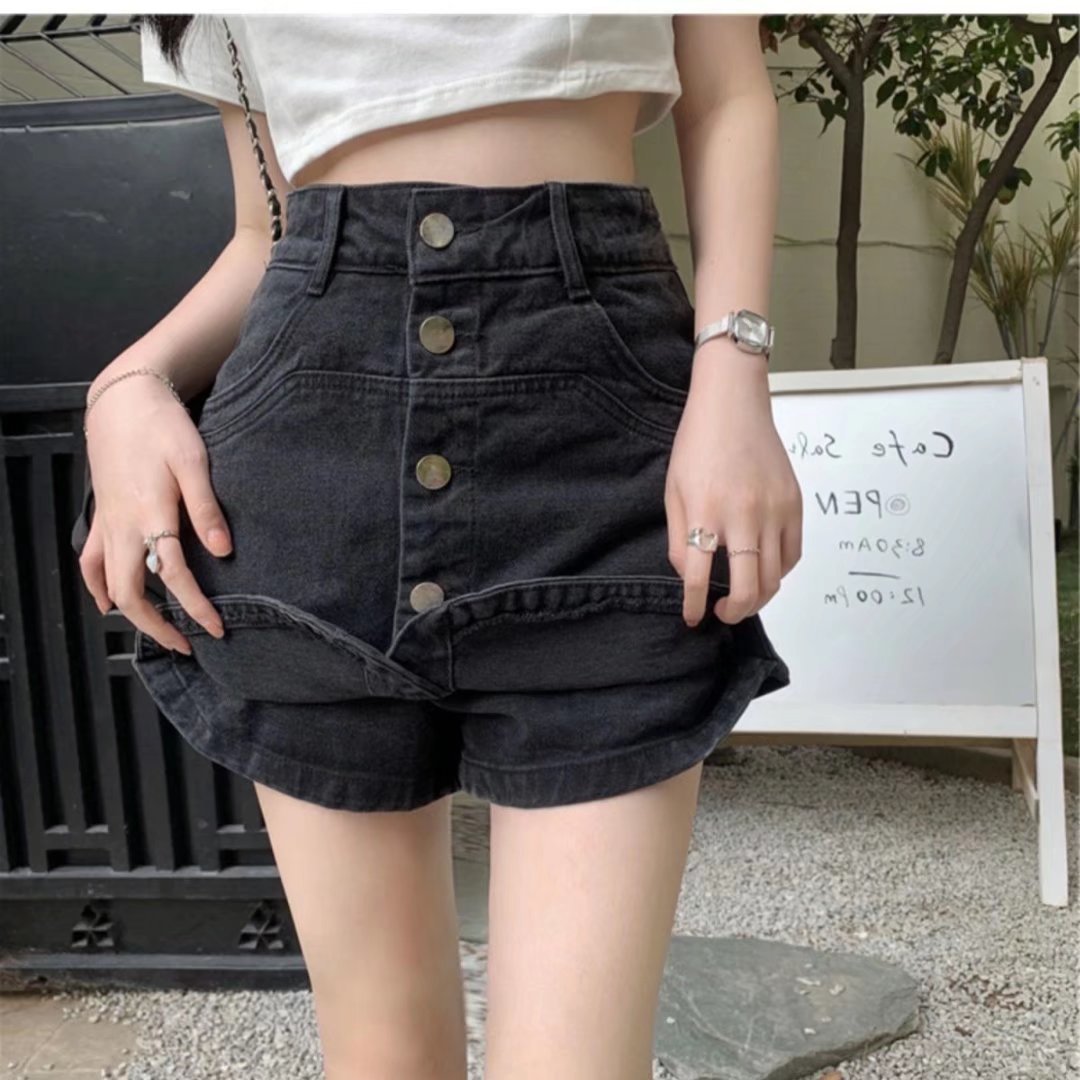大码胖mm假两件裤裙显瘦半身短裤裙女夏季高腰牛仔短裙黑色a字裙详情7