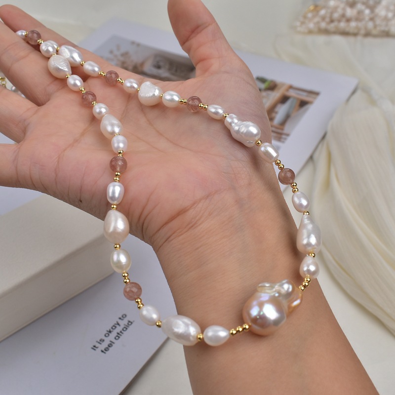 French caramel grass mold crystal natural stone Baroque natural freshwater pearl necklace, a new high-end sweater chain for women pic 7