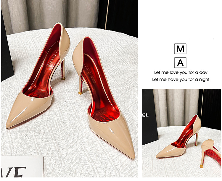 C家水钻红底侧空全包细高跟鞋女尖头浅口性感气质百搭法式网红详情31