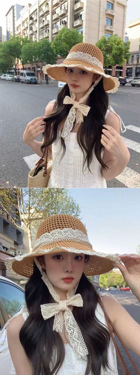 拉菲草编织草帽蕾丝花边小麦秸秆老式编筐帽子详情8