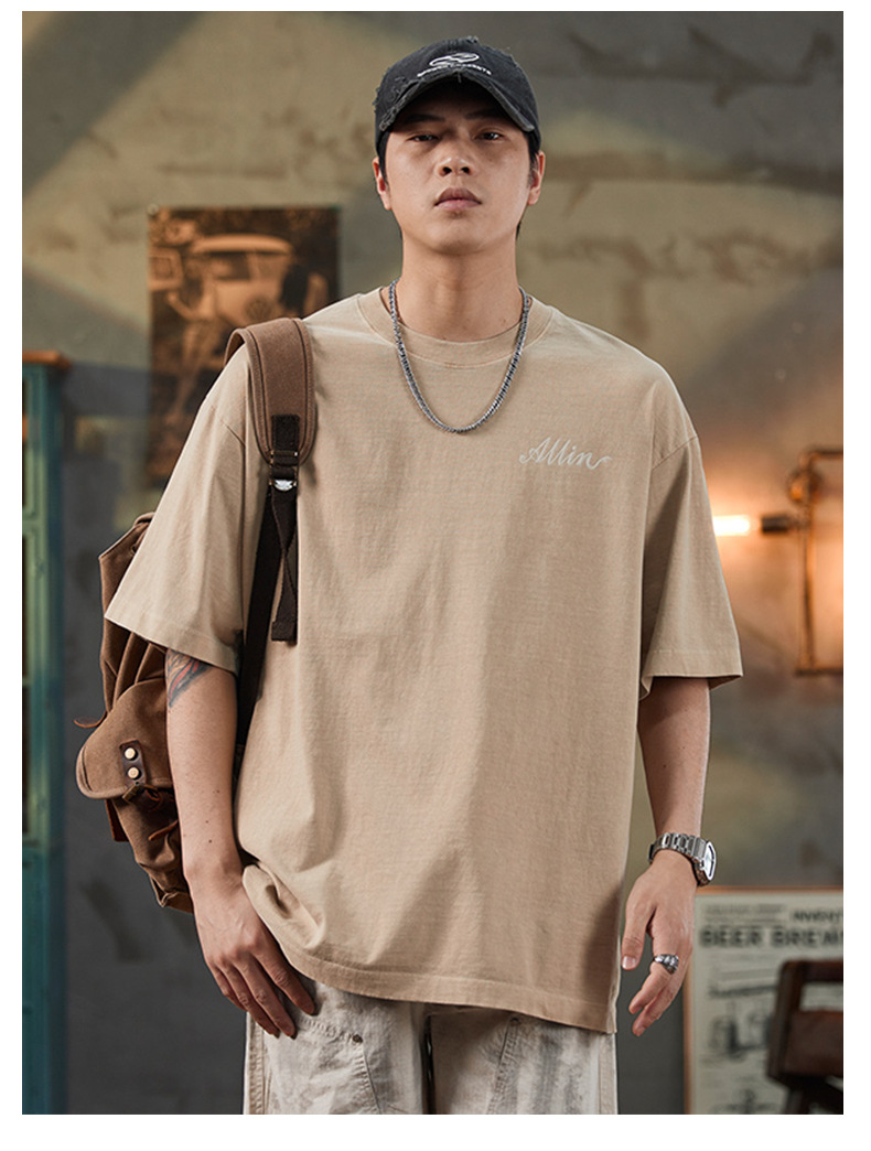 ALLIN pure cotton heavy-duty short-sleeved T-shirt for men, a summer trendy brand with three-dimensional printed letters and loose round-neck couple tops pic 30