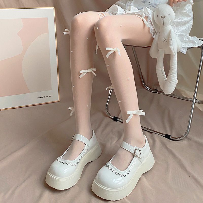 沐阮白色丝袜女夏季日系蝴蝶结纯欲风珍珠小众设计洛丽塔连裤袜详情8