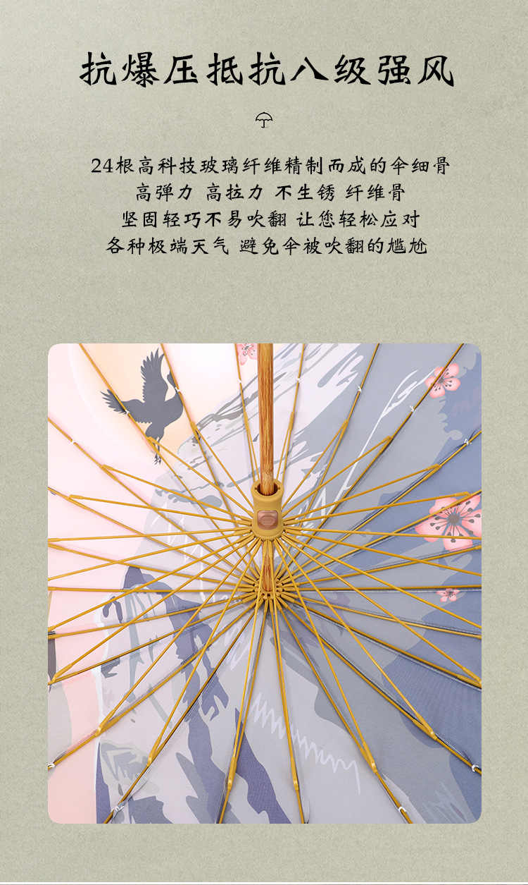 新款时尚复古油画24骨直杆伞实木手柄长柄伞加印logo雨伞古风伞详情17