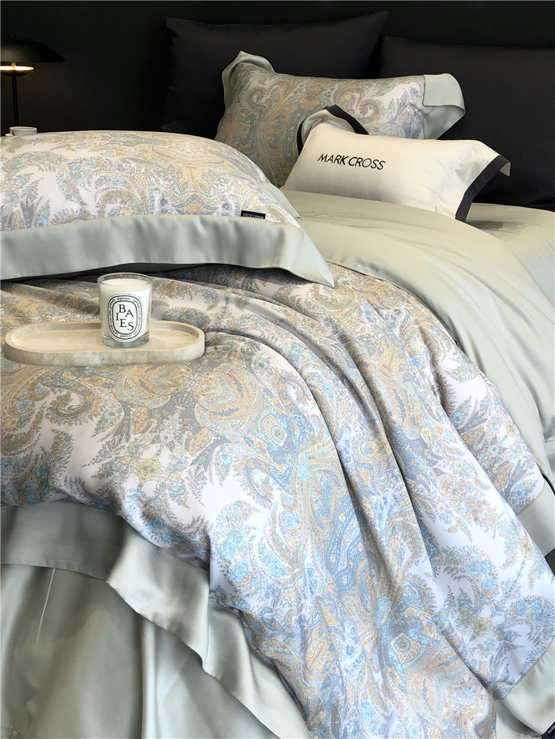 Cool ultra-fine denier Tencel summer light and cool condensation filament four-piece set, elegant printed sweat-absorbing nude bedding pic 22