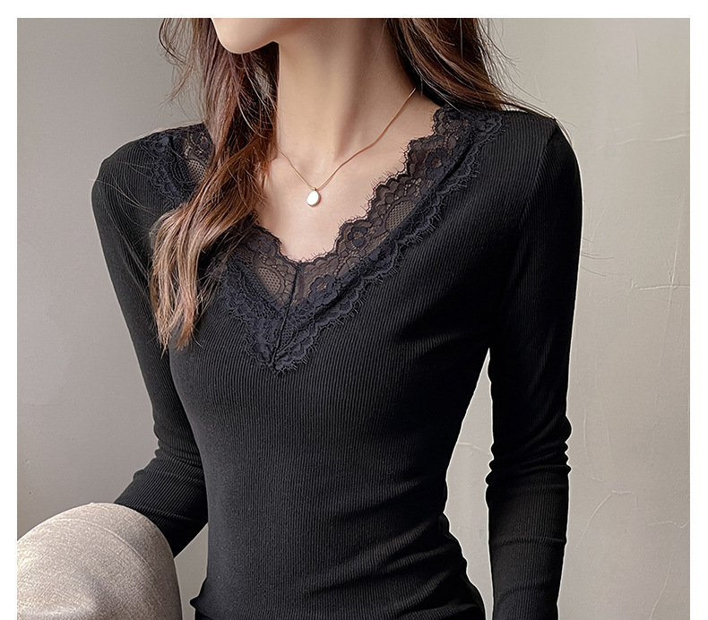 A lace-trimmed V-neck long-sleeved base layer for women, paired with a German fleece, brushed, and slimming design off-the-shoulder T-shirt for autumn and winter pic 20