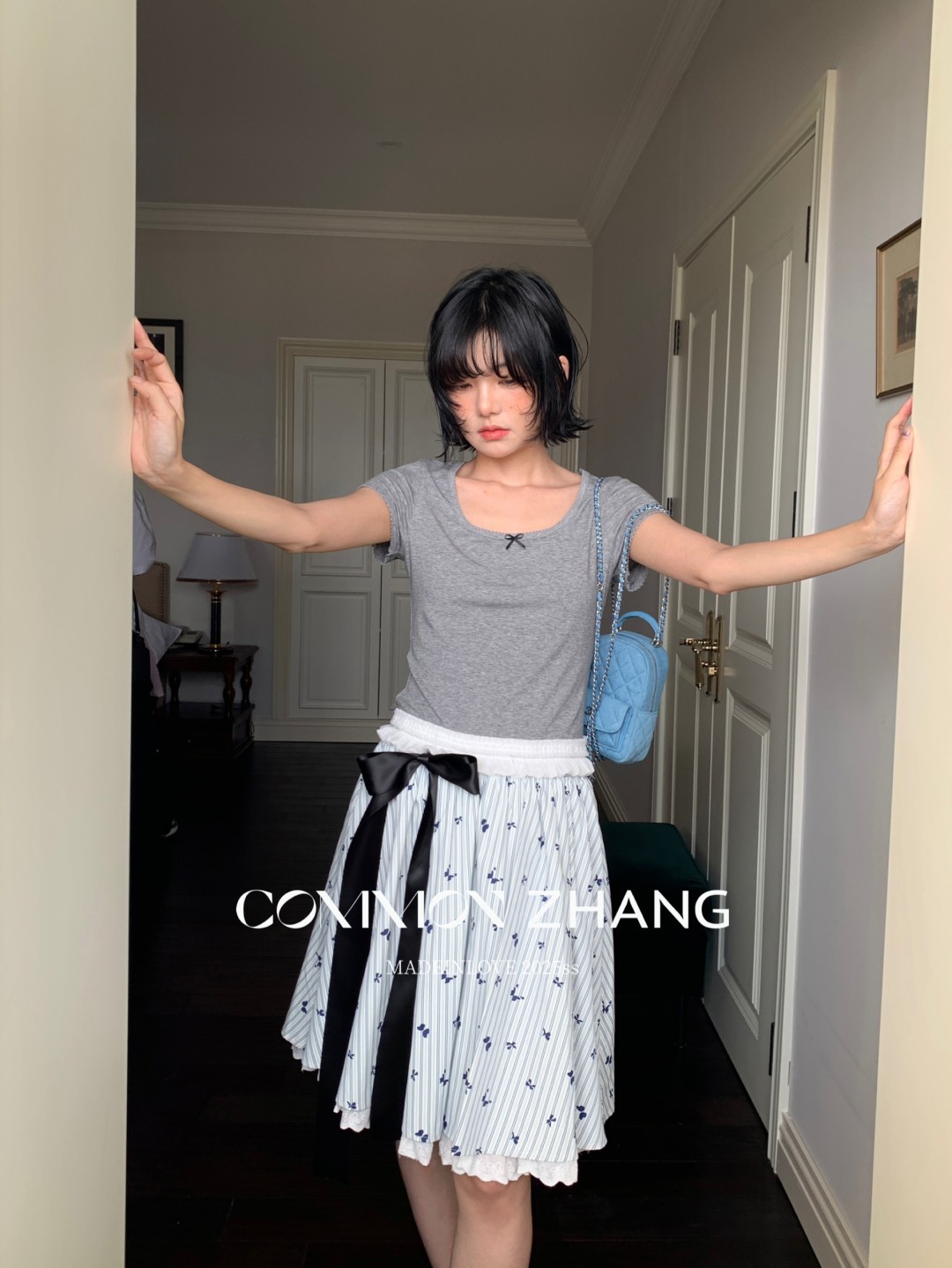 CZ ZHANG夏季韩版少女感减龄蝴蝶结拼接U领纯色天丝短袖T恤B20757详情28