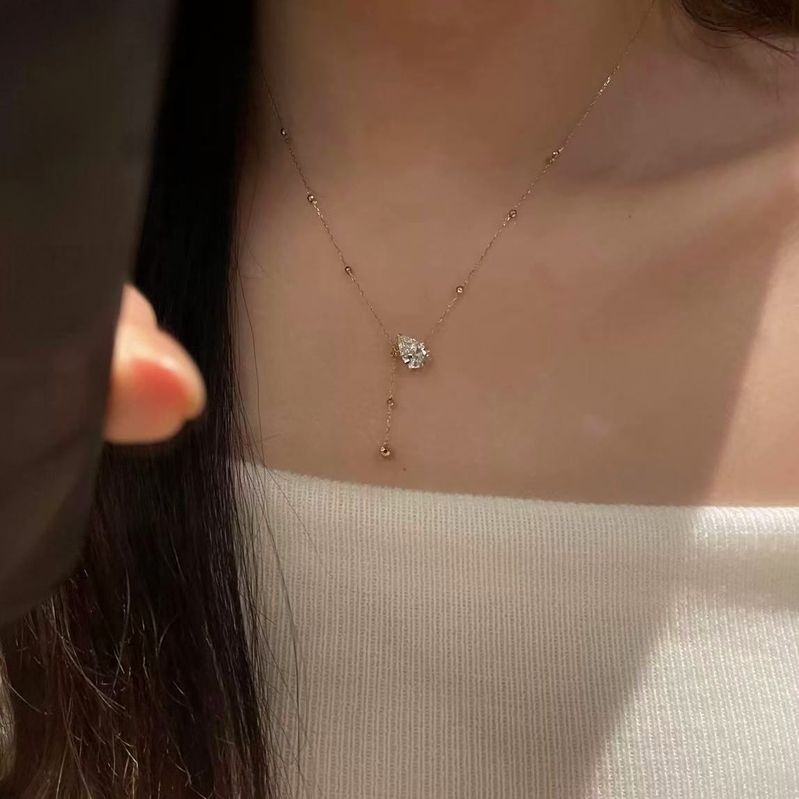 S925纯银鸽子闪钻金珠Y字水滴锆石项链女轻奢高级锁骨链吊坠配饰详情6