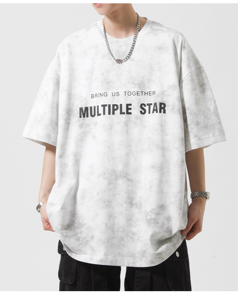 Short-sleeved T-shirt for men, a summer American retro washed distressed design, a niche top with a thin tie-dyed base layer pic 16
