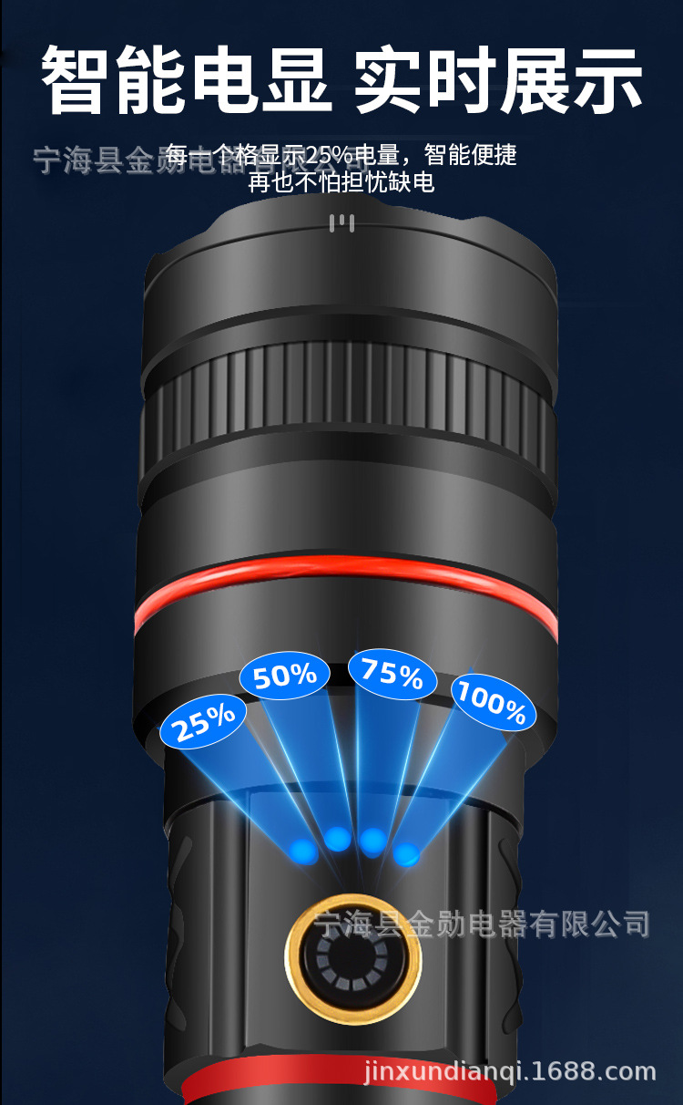跨境新款P80强光手电筒USB充电户外巡逻变焦手电筒多功能应急灯详情6