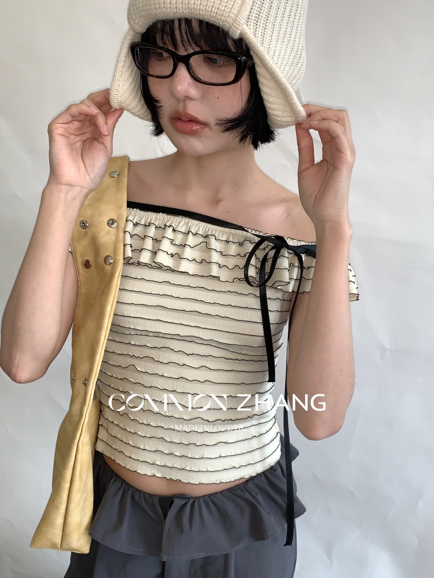 CZ ZHANG Summer French lace one-shoulder off-the-shoulder, contrasting color striped waist-cinching slim shirt B23795 pic 34