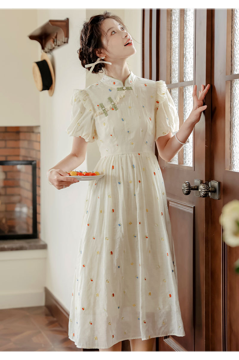 Improved cheongsam, new Chinese-style retro button-up, petite puffed-sleeve dress for women, summer long dress for export pic 21