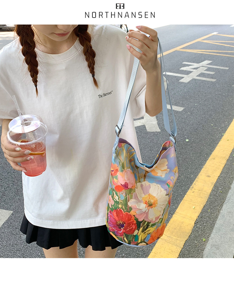 大容量国风印花水桶包女创意花卉个性手提单肩包设计感休闲斜挎包详情29