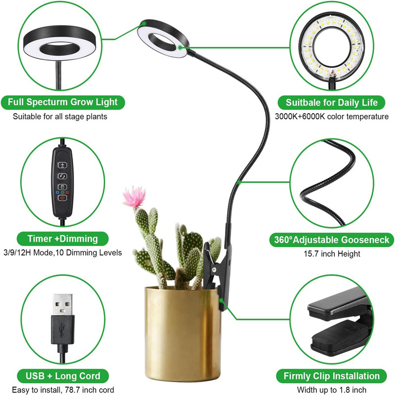 Flowerpot clamp-type plant supplementary lighting lamp, full-spectrum plant growth lamp, indoor small plant landscape lamp, angel ring lamp pic 14